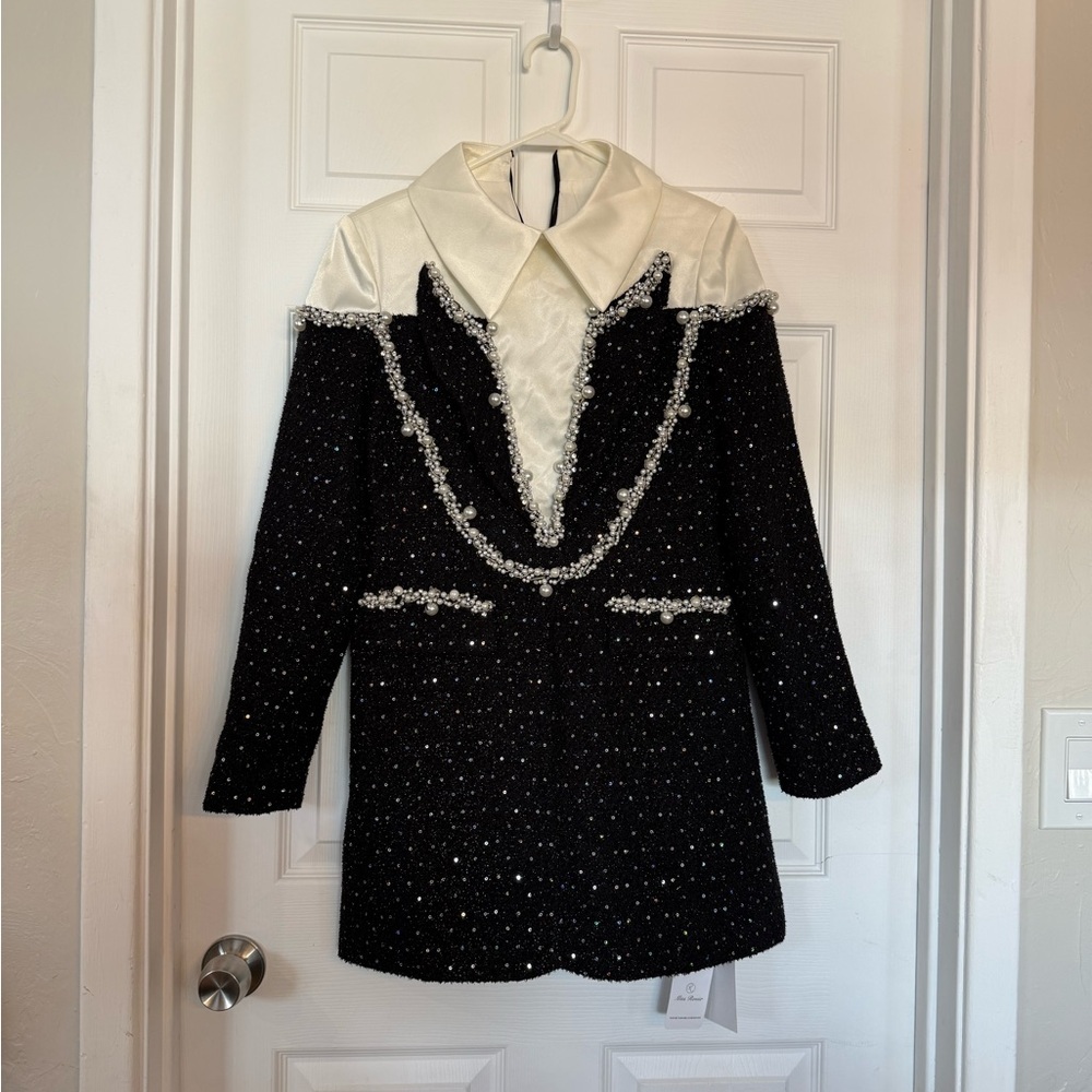 Black Beaded Mini Dress with Ivory Collar